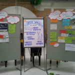 Zwei Stellwände und ein Flipchart mit vielen bunten Zetteln
